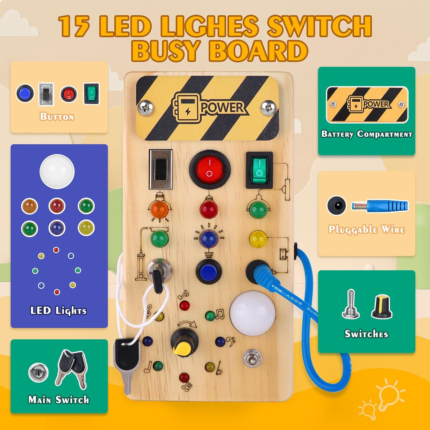 Montessori Wooden Busy Board with 8 LED Light switches, Sensory Toys Light Switch Travel Toys for Toddler