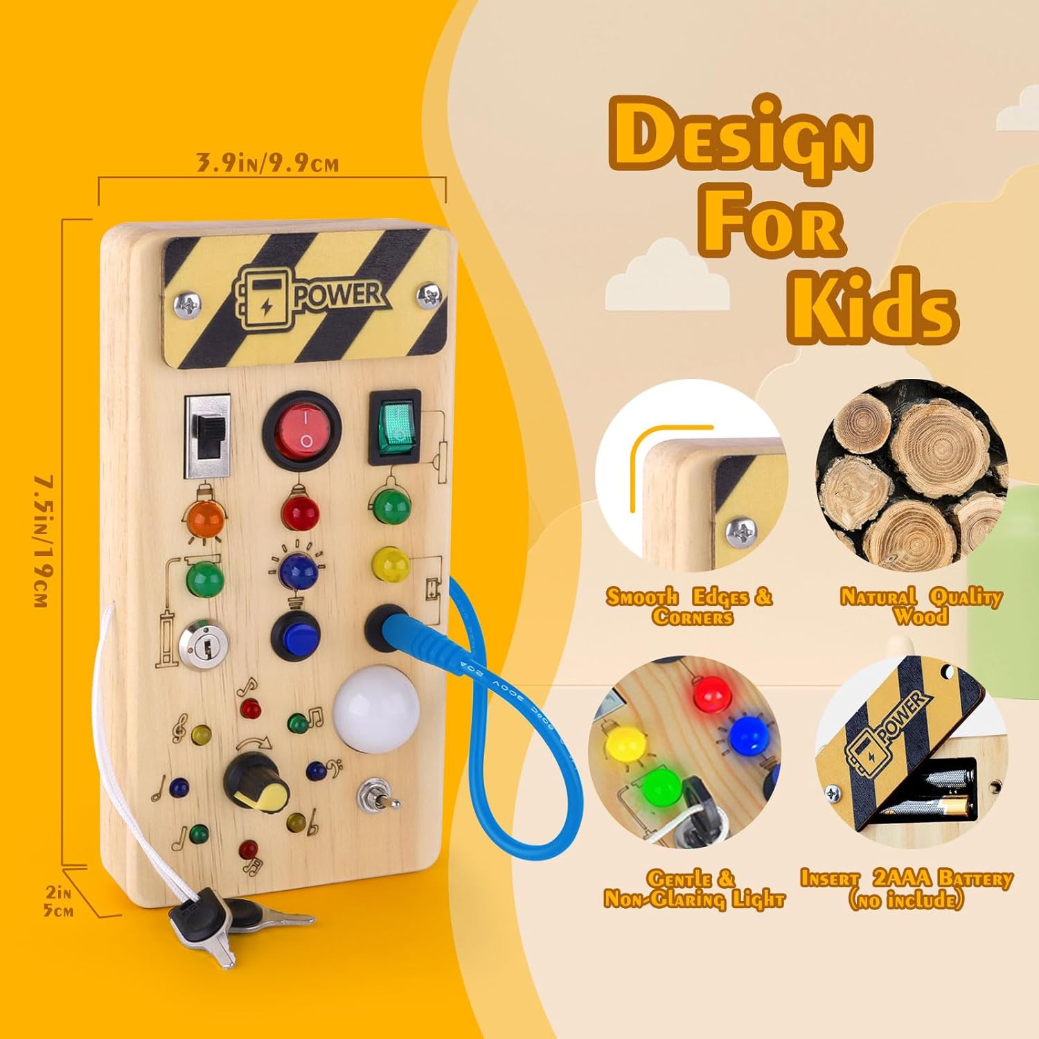 Montessori Wooden Busy Board with 8 LED Light switches, Sensory Toys Light Switch Travel Toys for Toddler