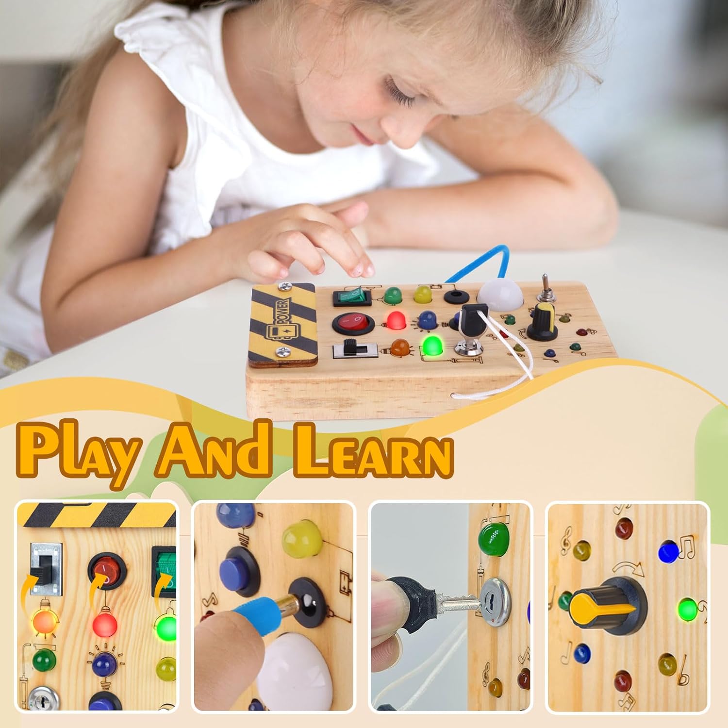 Montessori Wooden Busy Board with 8 LED Light switches, Sensory Toys Light Switch Travel Toys for Toddler