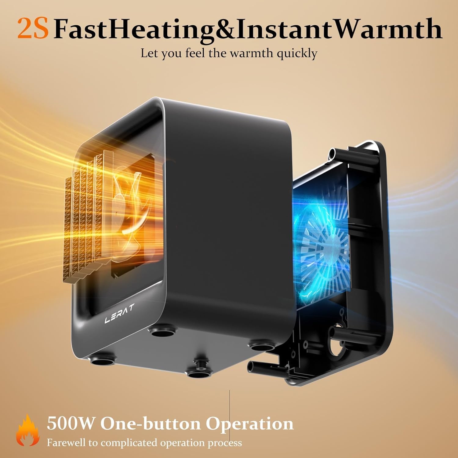 LERAT 500W Mini Space Heater – 2-Second Fast Heating, Auto Shut-Off, Compact Ceramic Desk Heater