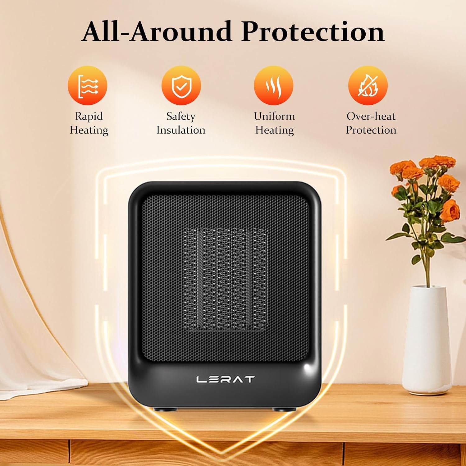 LERAT 500W Mini Space Heater – 2-Second Fast Heating, Auto Shut-Off, Compact Ceramic Desk Heater