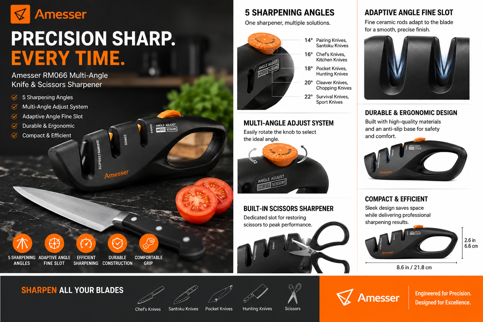 Amesser RM066 Knife Sharpener Adjustable 5-Angle Kitchen Knife & Scissors Sharpener Secondary image