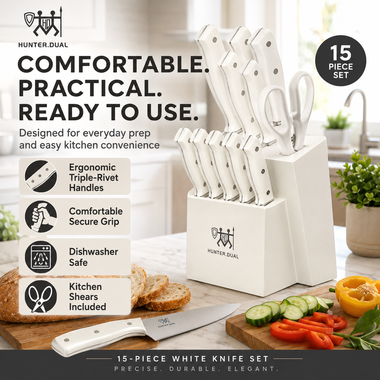 15-Piece White Kitchen Knife Set with Built-In Sharpening Stone Main image