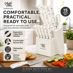 15-Piece White Kitchen Knife Set with Built-In Sharpening Stone