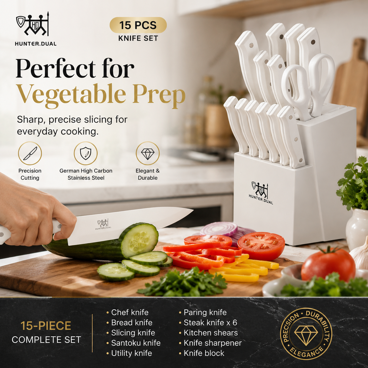 15-Piece White Kitchen Knife Set with Built-In Sharpening Stone
