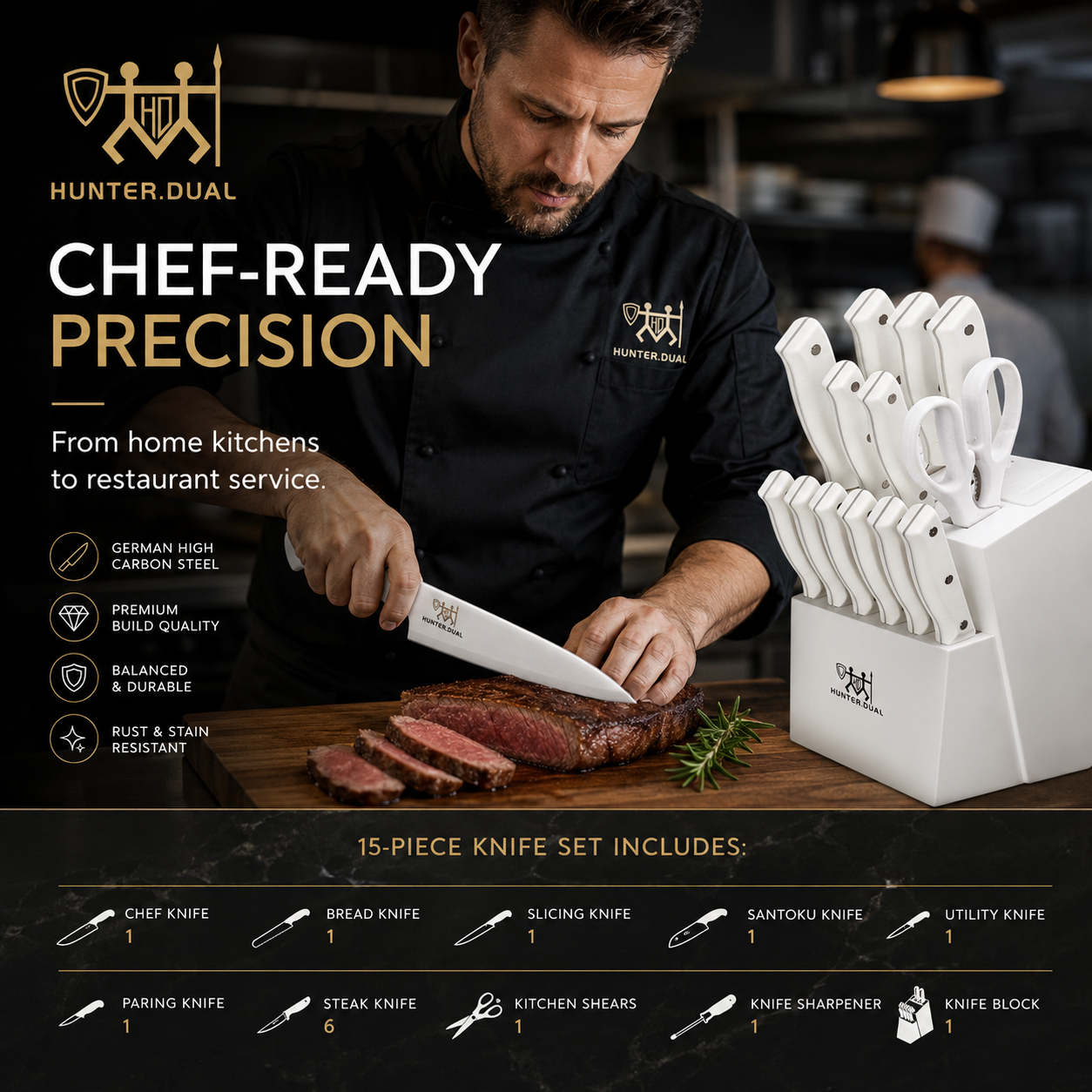 15-Piece White Kitchen Knife Set with Built-In Sharpening Stone Secondary image