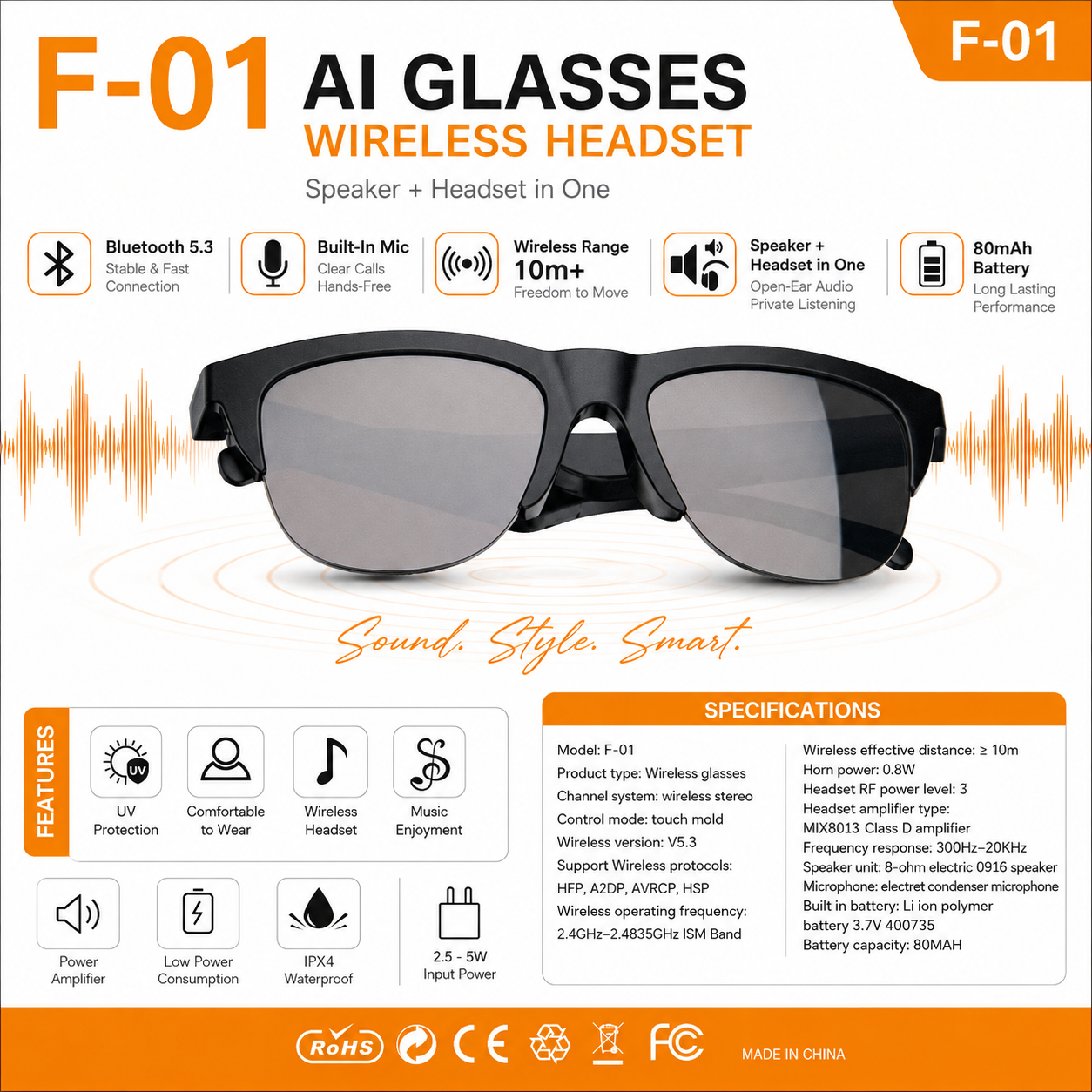 AI Glasses Wireless Headset F-01