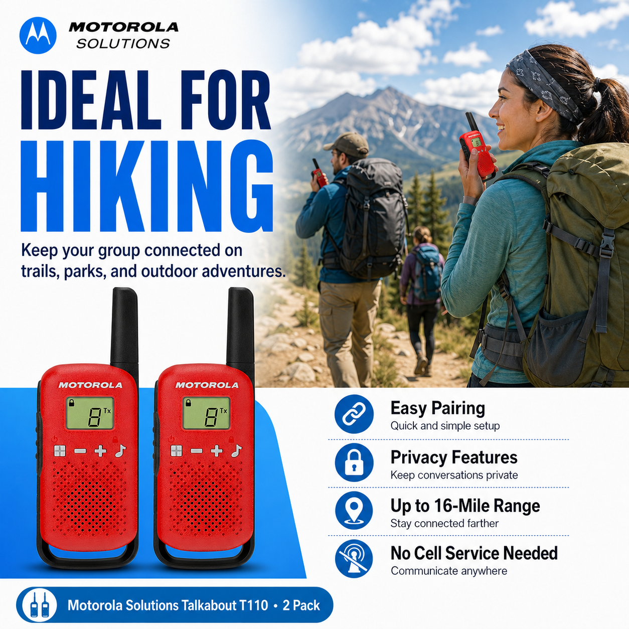 Motorola Solutions Talkabout T110, Privacy Easy Pairing, 16 Mile, 2 Pack