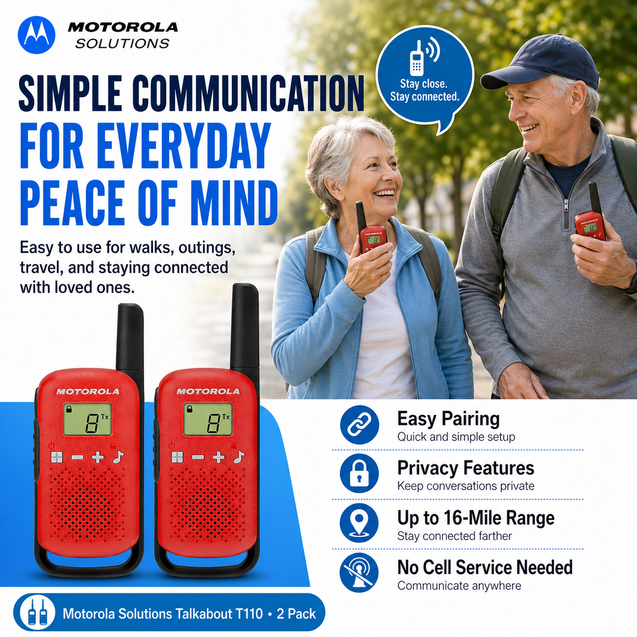 Motorola Solutions Talkabout T110, Privacy Easy Pairing, 16 Mile, 2 Pack