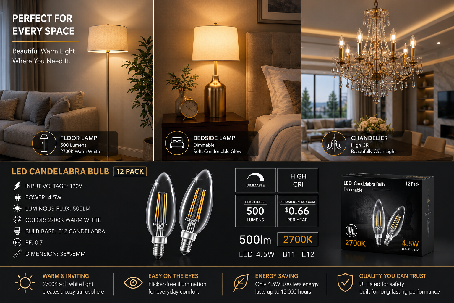 12-Pack LED Candelabra Bulbs B11 E12 Dimmable 500 Lumens 2700K Warm White