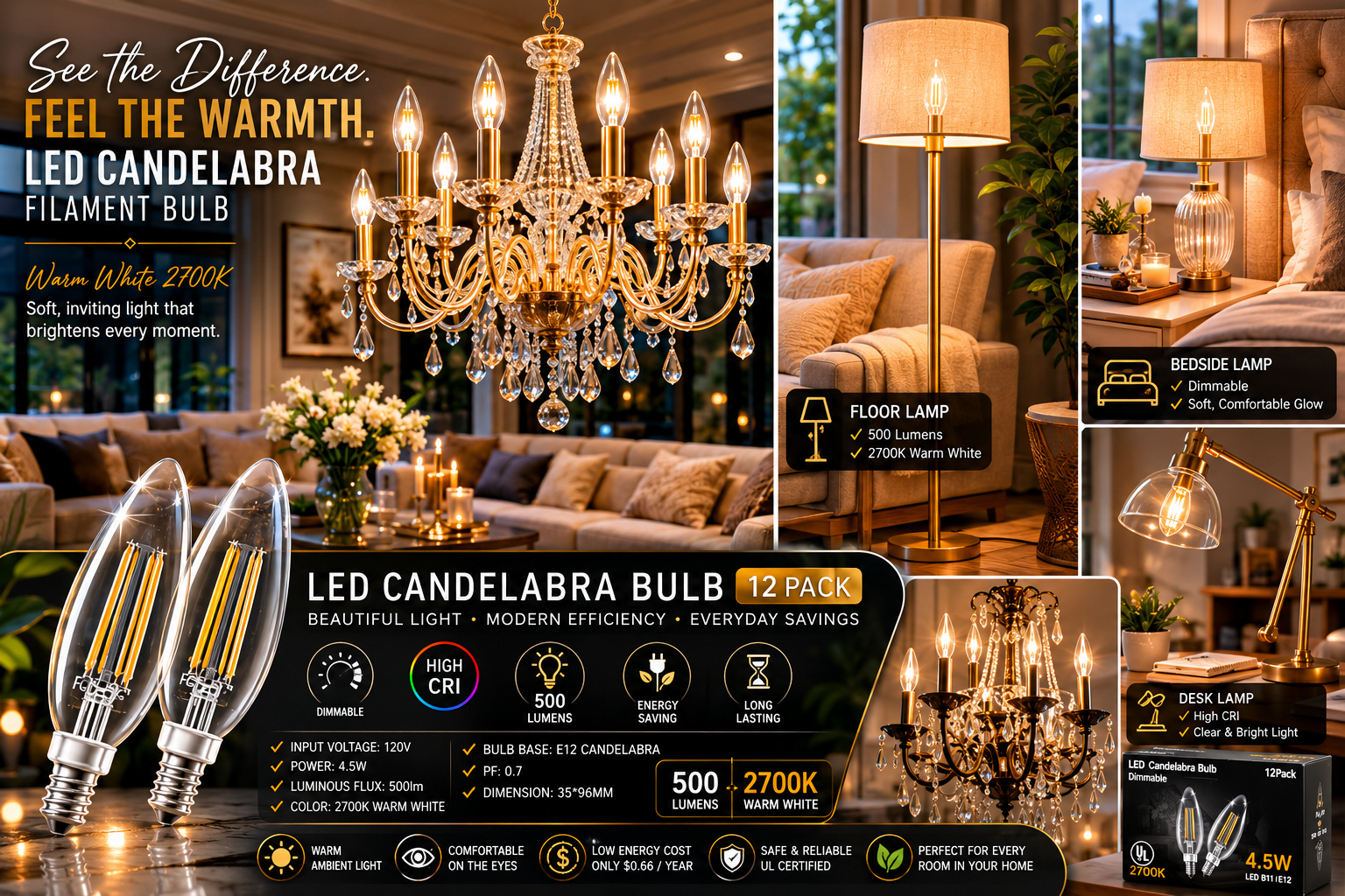 12-Pack LED Candelabra Bulbs B11 E12 Dimmable 500 Lumens 2700K Warm White
