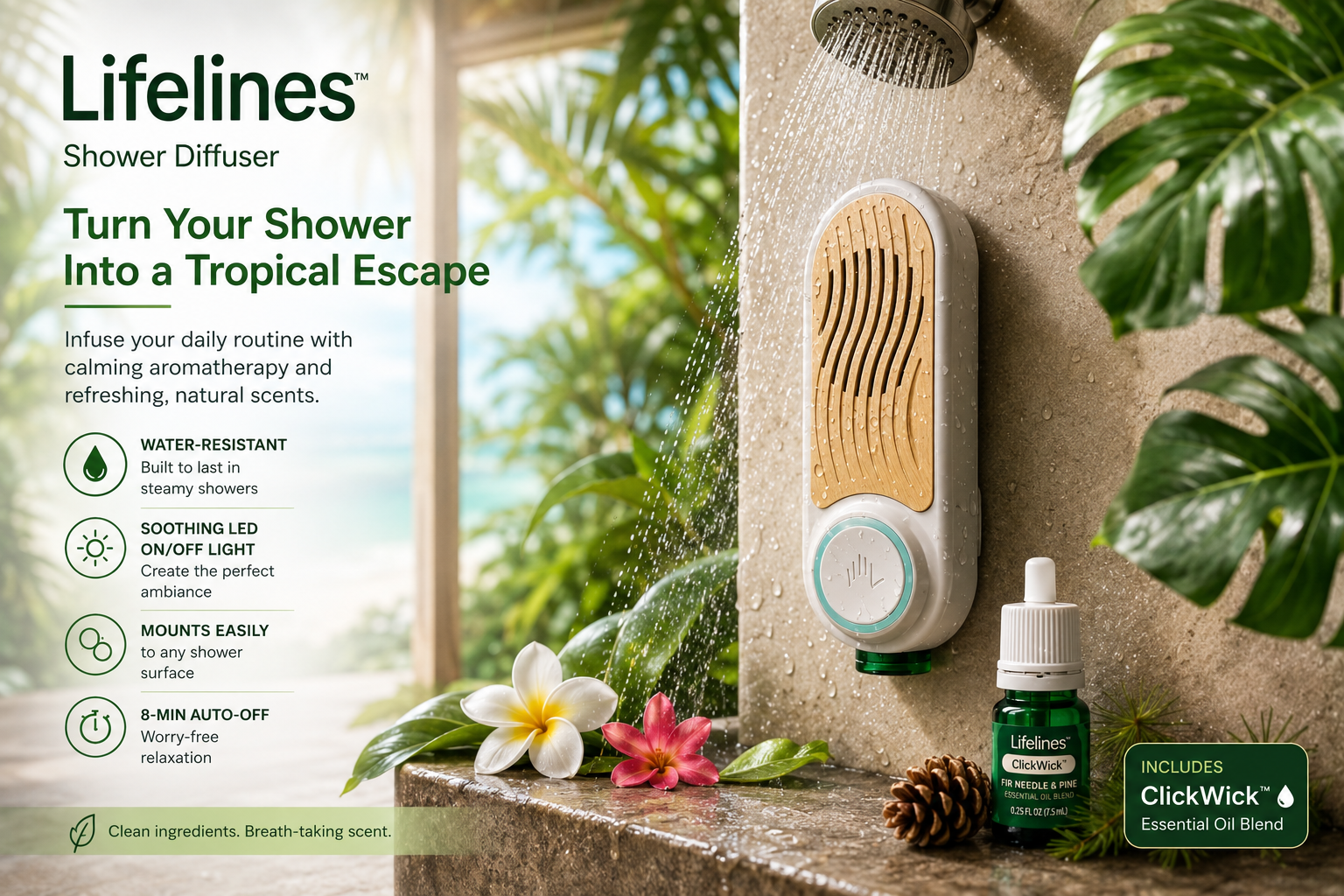 Lifelines Shower Diffuser Aromatherapy LED Spa w ClickWick Essential Oil Blend