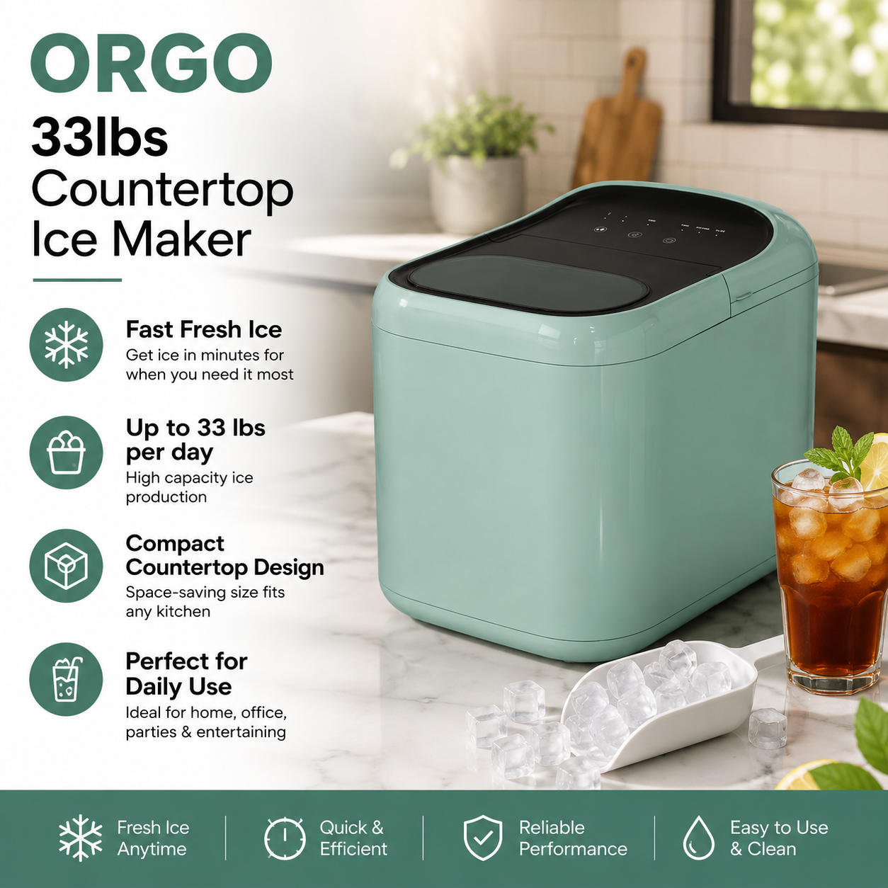 ORGO 33lbs Countertop Ice Maker – Compact Ice Machine Available in Blue & Green