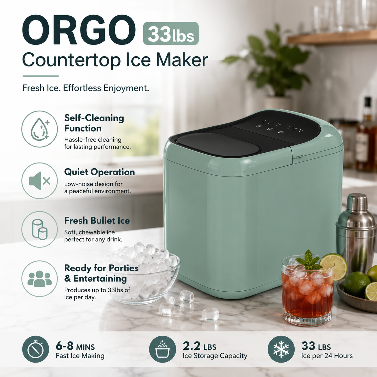 ORGO 33lbs Countertop Ice Maker – Compact Ice Machine Available in Blue & Green
