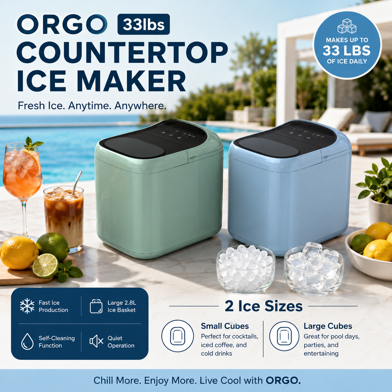 ORGO 33lbs Countertop Ice Maker – Compact Ice Machine Available in Blue & Green Main image