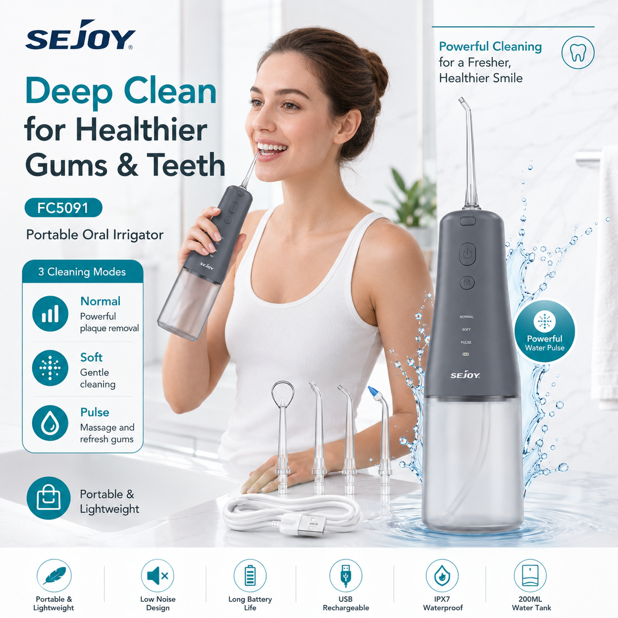 Sejoy Portable Oral Irrigator FC5091 – Rechargeable Water Flosser for Cleaner Teeth &amp; Healthier Gums