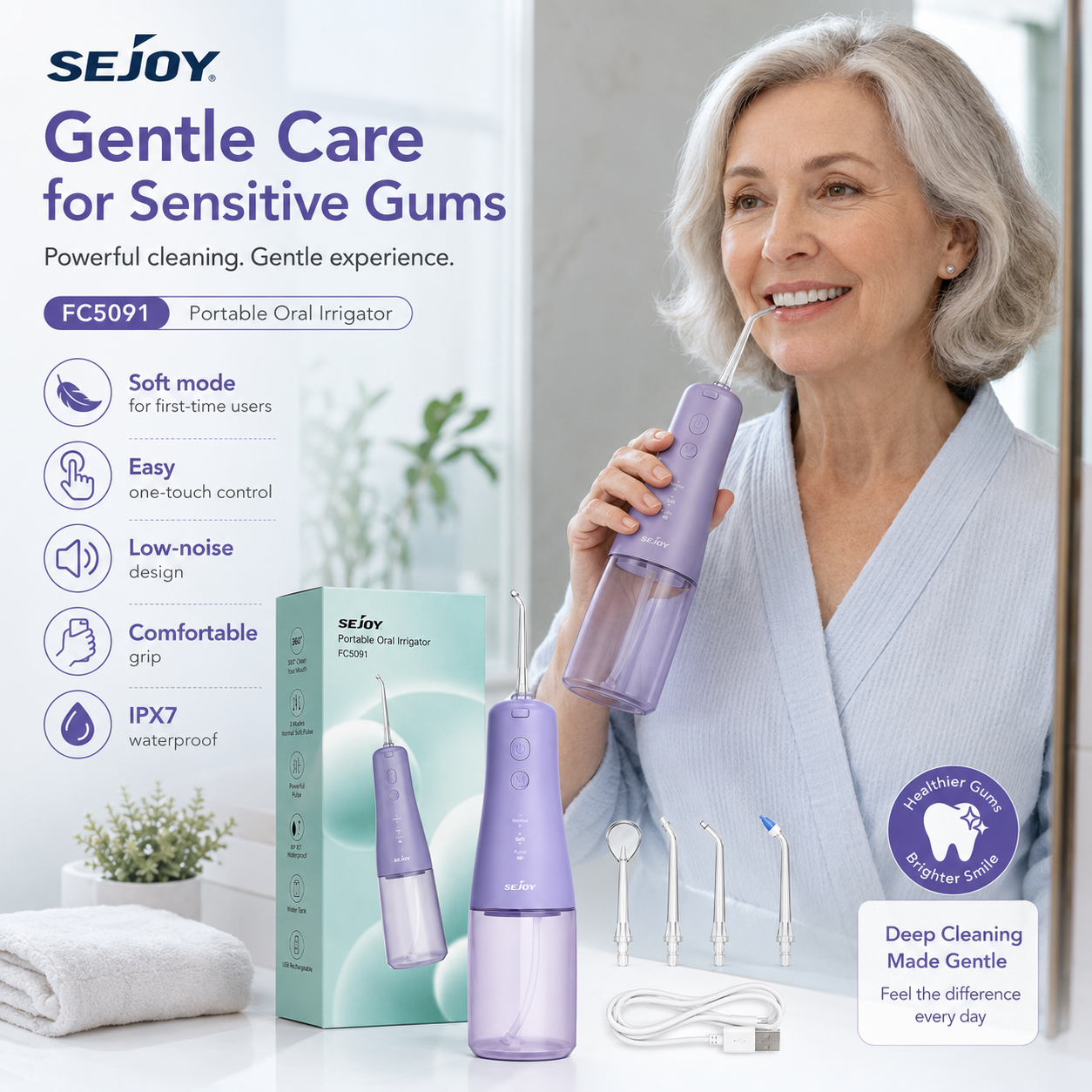 Sejoy Portable Oral Irrigator FC5091 – Rechargeable Water Flosser for Cleaner Teeth &amp; Healthier Gums