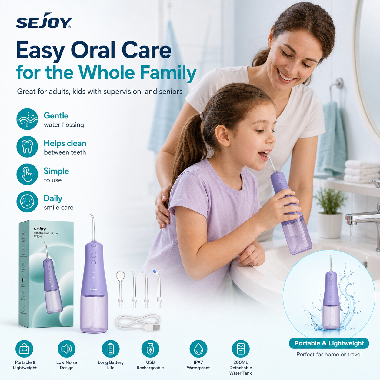Sejoy Portable Oral Irrigator FC5091 – Rechargeable Water Flosser for Cleaner Teeth &amp; Healthier Gums