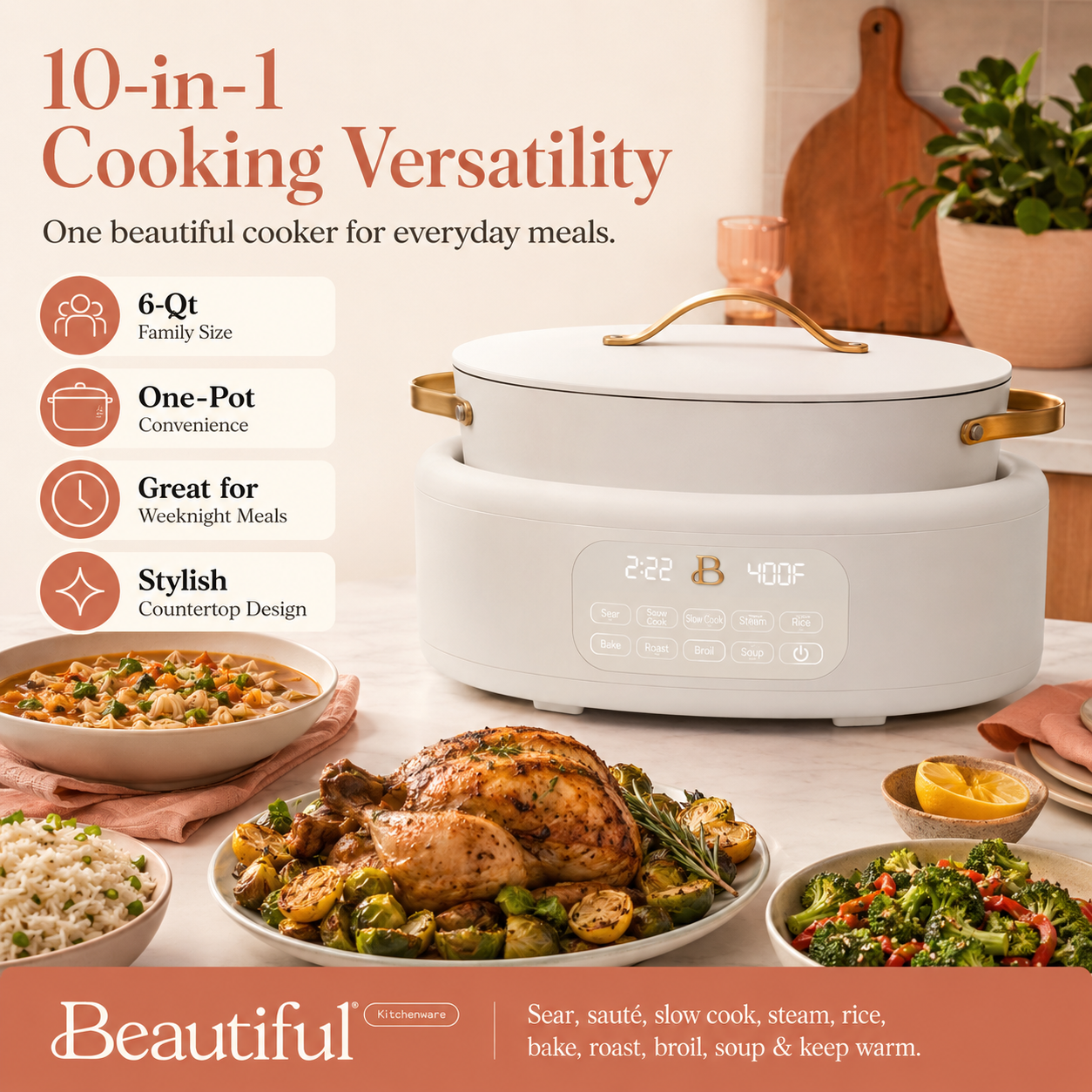 Beautiful 10-in-1 6-Qt Electric Multi-Cooker by Drew Barrymore – White Icing Main image
