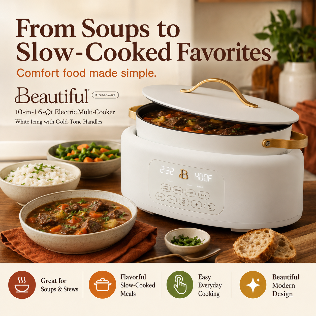 Beautiful 10-in-1 6-Qt Electric Multi-Cooker by Drew Barrymore – White Icing
