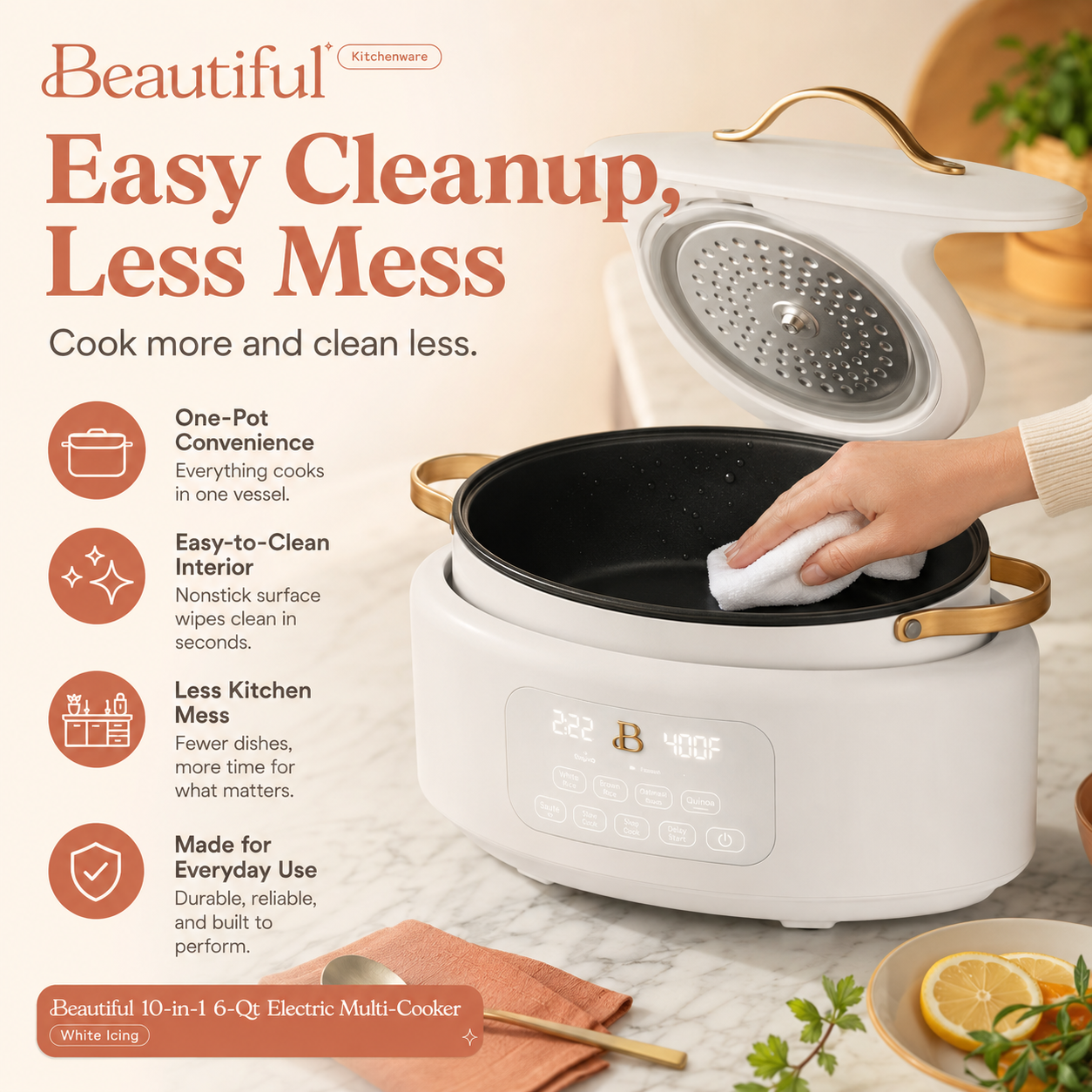 Beautiful 10-in-1 6-Qt Electric Multi-Cooker by Drew Barrymore – White Icing