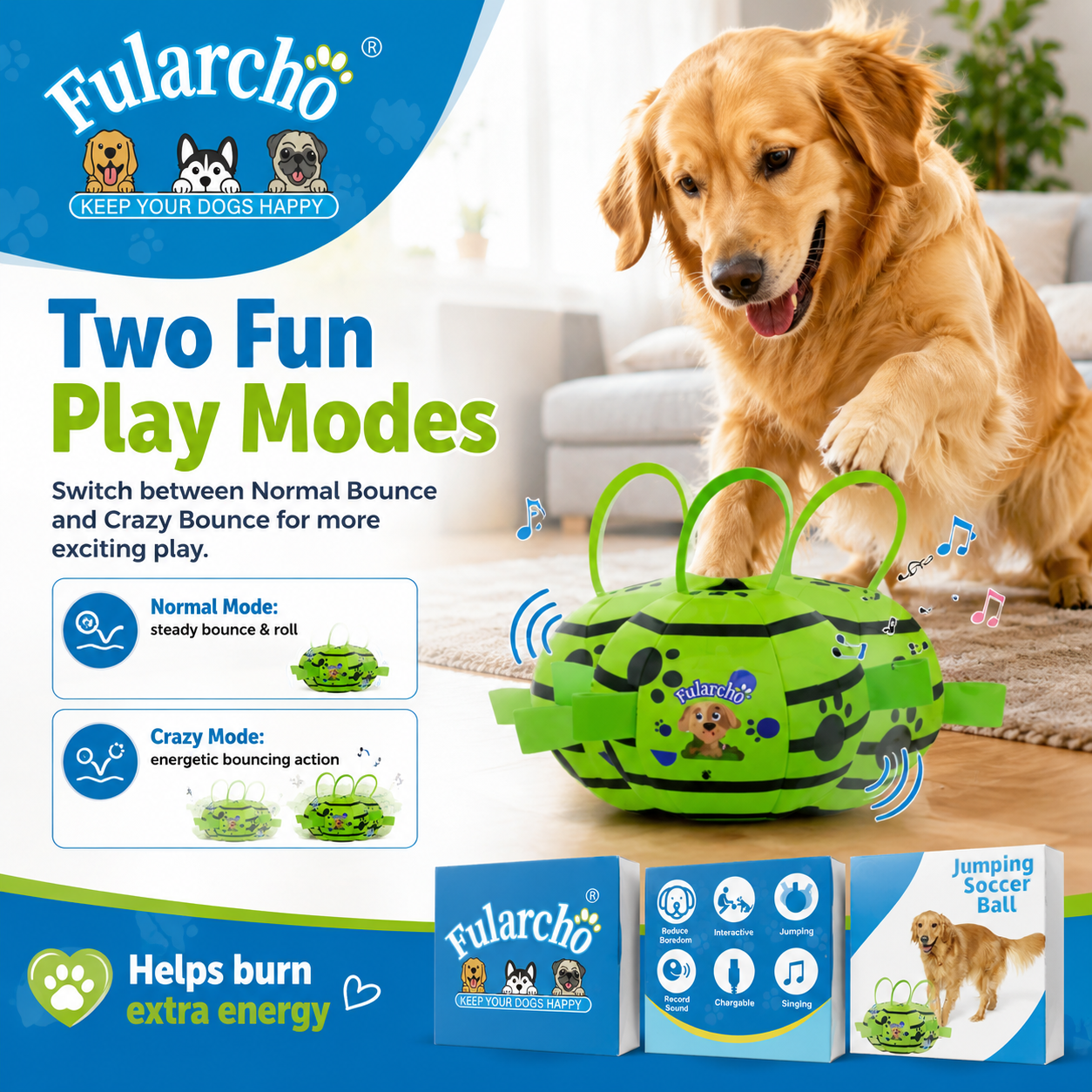 Fularcho Jumping Soccer Ball Interactive Rechargeable Dog Toy with Bouncing Motion & Type-C Charging Main image