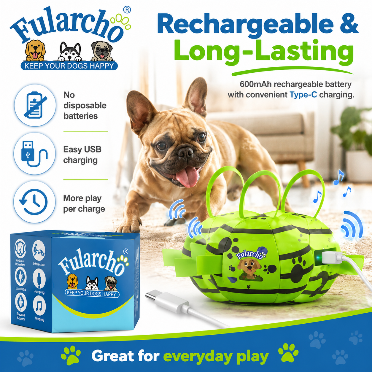 Fularcho Jumping Soccer Ball Interactive Rechargeable Dog Toy with Bouncing Motion & Type-C Charging