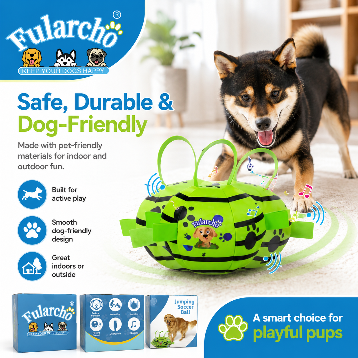 Fularcho Jumping Soccer Ball Interactive Rechargeable Dog Toy with Bouncing Motion & Type-C Charging