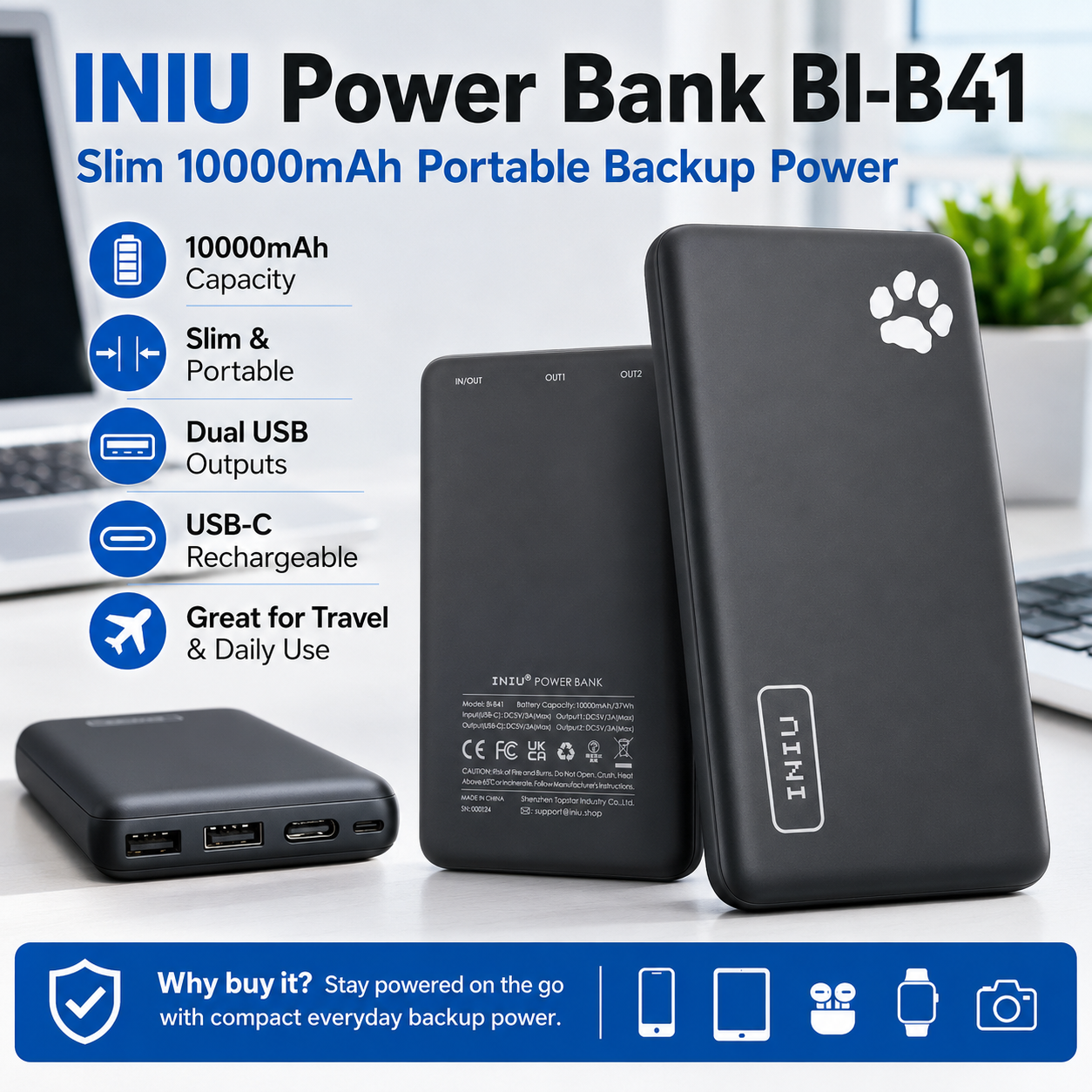 INIU POWER BANK BI-B41 PowerPaw Slim 10000mAh