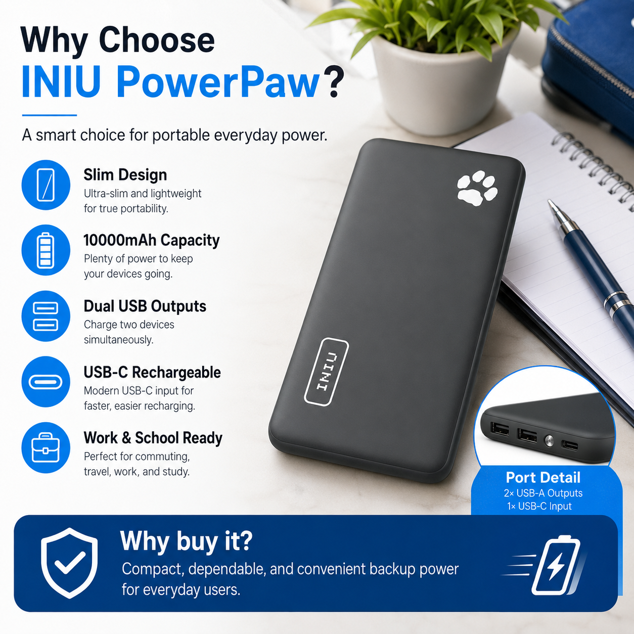 INIU POWER BANK BI-B41 PowerPaw Slim 10000mAh Main image