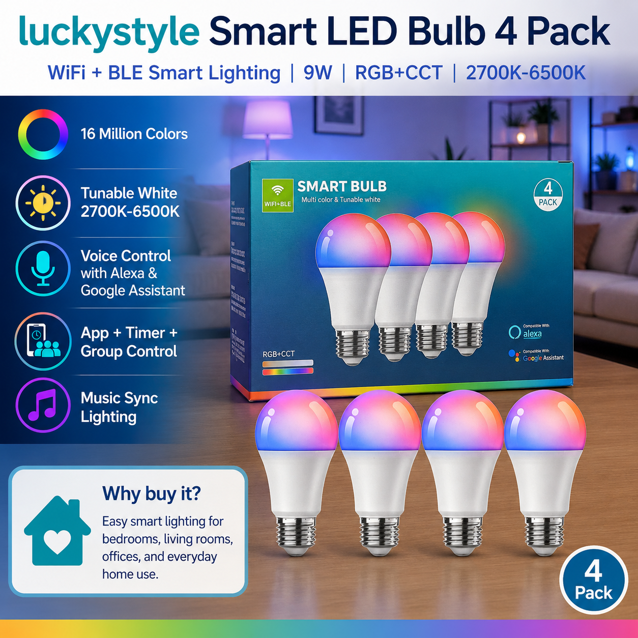 luckystyle Smart LED Bulbs 4 Pack WiFi Bluetooth RGB+CCT A19 E26 9W Compatible with Alexa and Google Main image