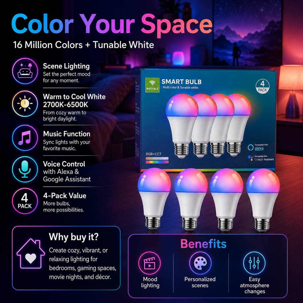 luckystyle Smart LED Bulbs 4 Pack WiFi Bluetooth RGB+CCT A19 E26 9W Compatible with Alexa and Google