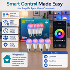 luckystyle Smart LED Bulbs 4 Pack WiFi Bluetooth RGB+CCT A19 E26 9W Compatible with Alexa and Google