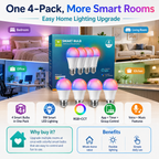 luckystyle Smart LED Bulbs 4 Pack WiFi Bluetooth RGB+CCT A19 E26 9W Compatible with Alexa and Google