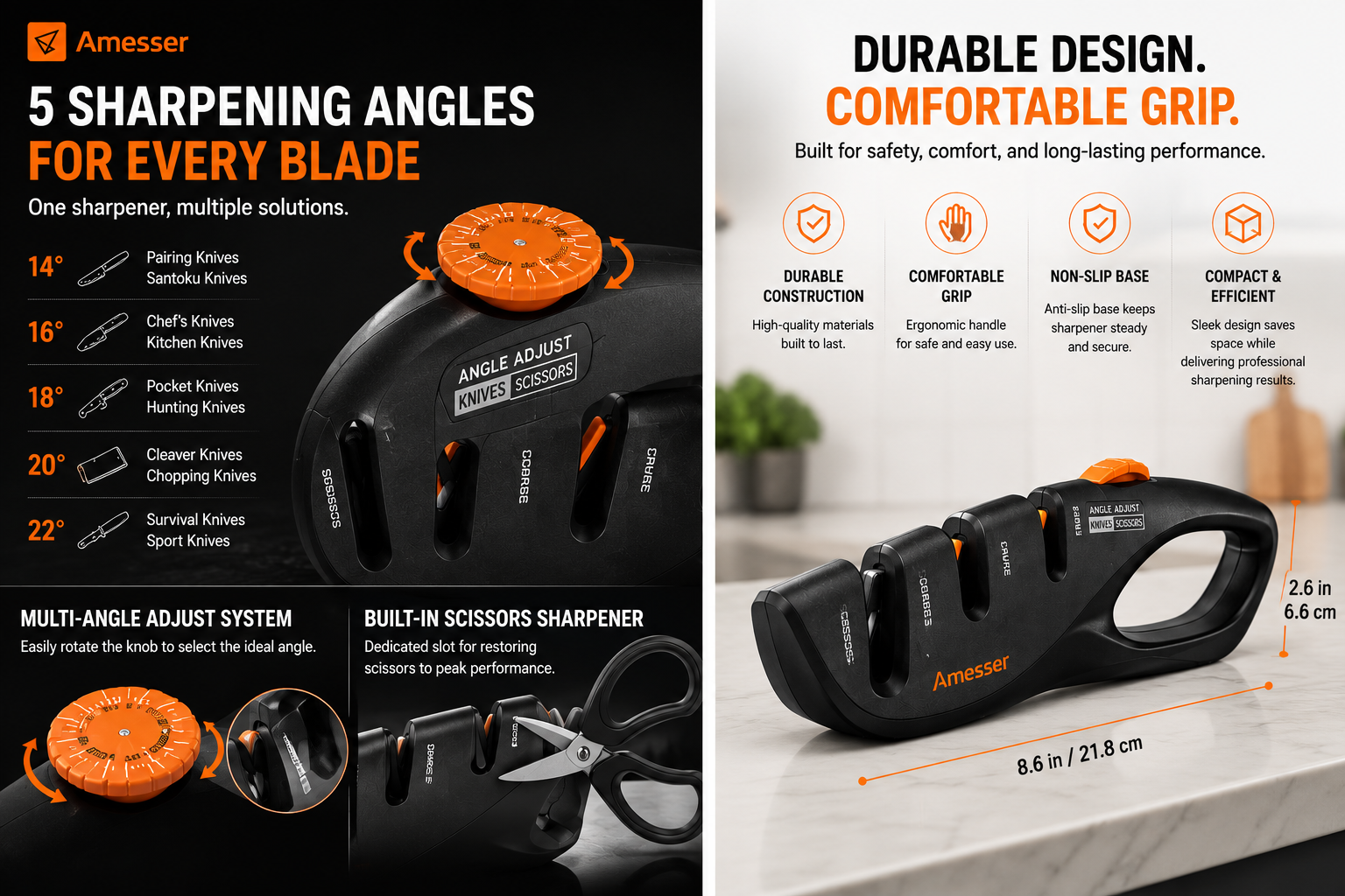 Amesser RM066 Knife Sharpener Adjustable 5-Angle Kitchen Knife & Scissors Sharpener