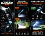 LED Flashlight Tactical Zoom Torch w/ 1200 Lumens USB Rechargeable 18650 Battery Camping Emergency