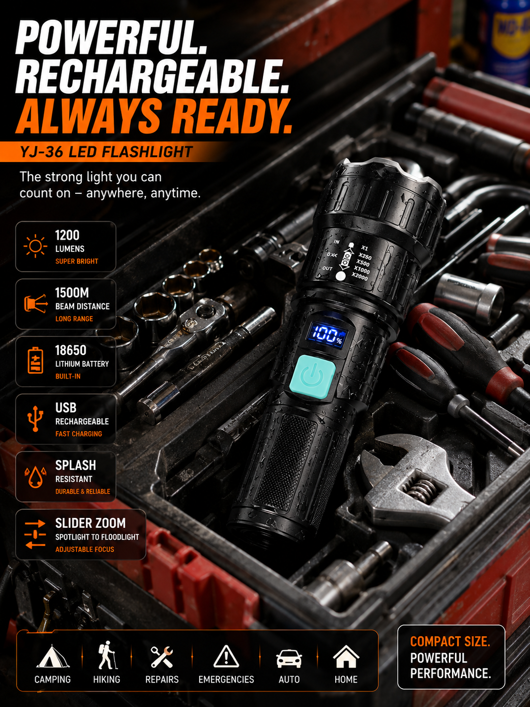 LED Flashlight Tactical Zoom Torch w/ 1200 Lumens USB Rechargeable 18650 Battery Camping Emergency