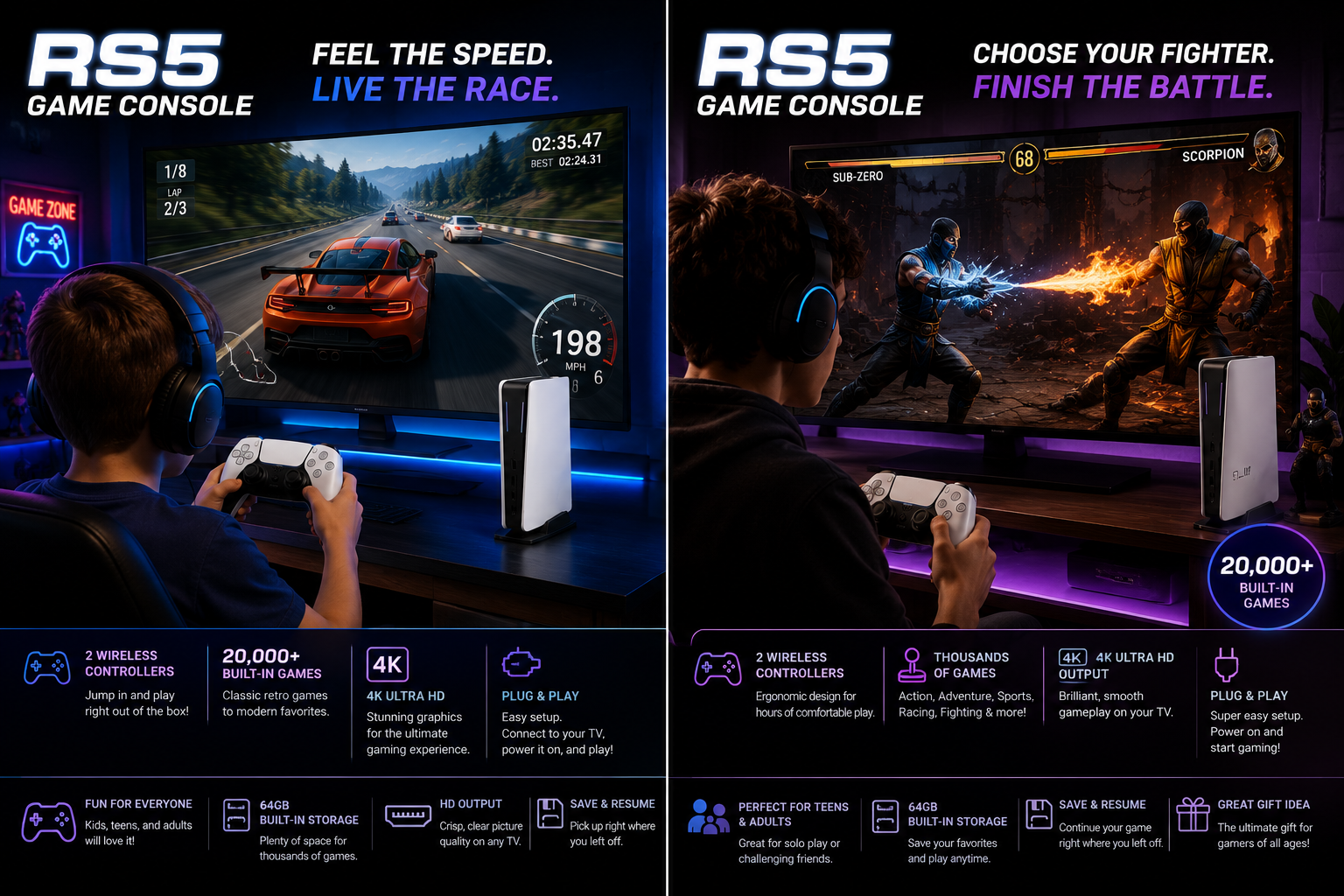 RS5 Retro Game Console – 20,000+ Built-in Games, 2 Wireless Controllers, 64GB, 4K HDMI Plug & Play Gaming System