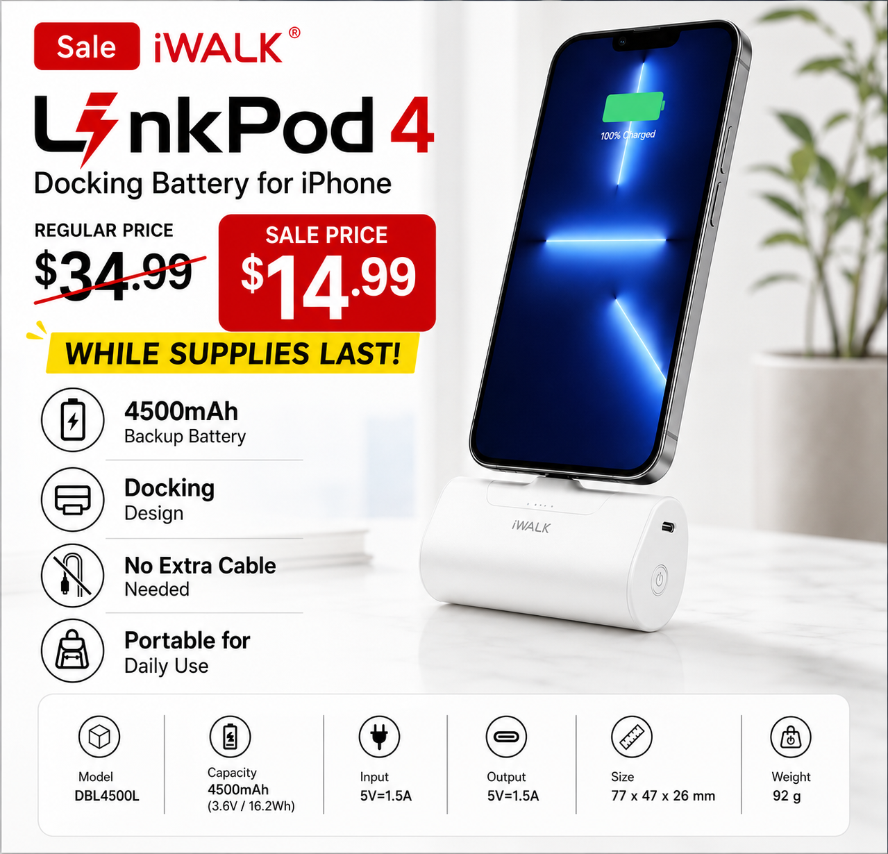 iWALK LinkPod 4 Portable iPhone Charger – Compact 4500mAh Backup Power Bank