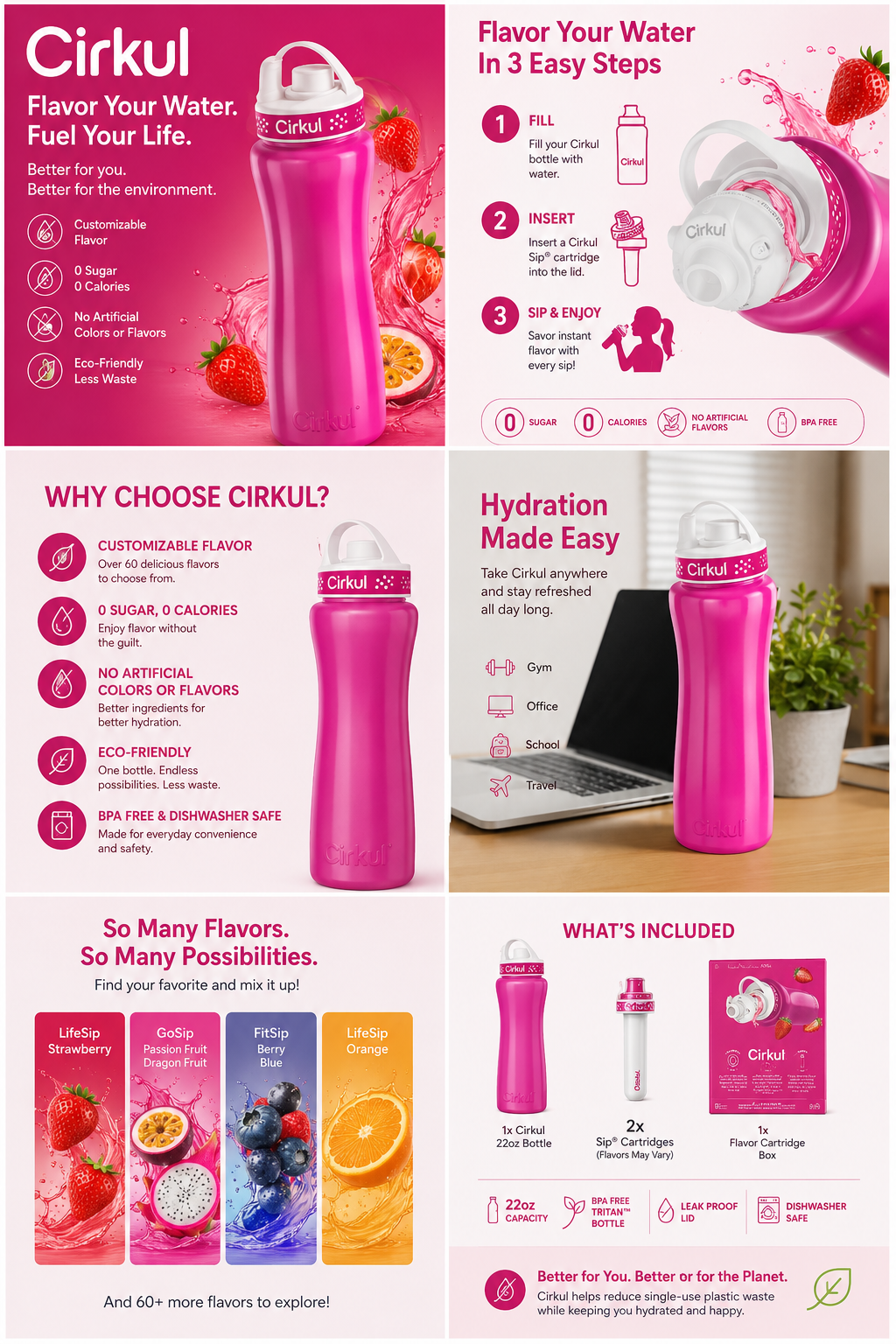 Cirkul 22oz Pink Water Bottle Starter Kit w/ 2 Flavor Cartridges – Sip System Secondary image