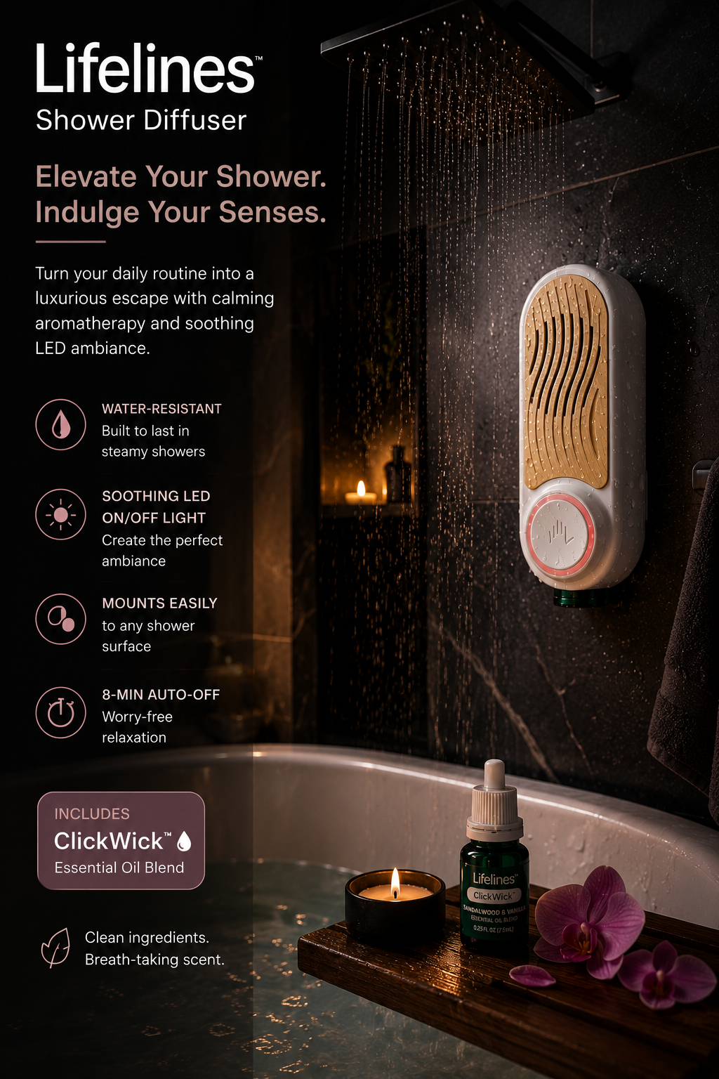 Lifelines Shower Diffuser Aromatherapy LED Spa w ClickWick Essential Oil Blend