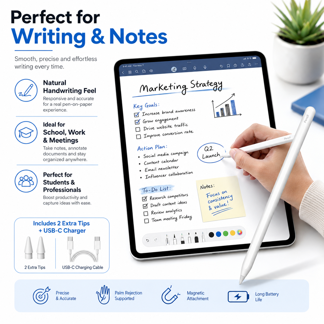 Universal Stylus Pen for iPads Tablets – Includes 2 Extra Tips + USB-C Cable Secondary image