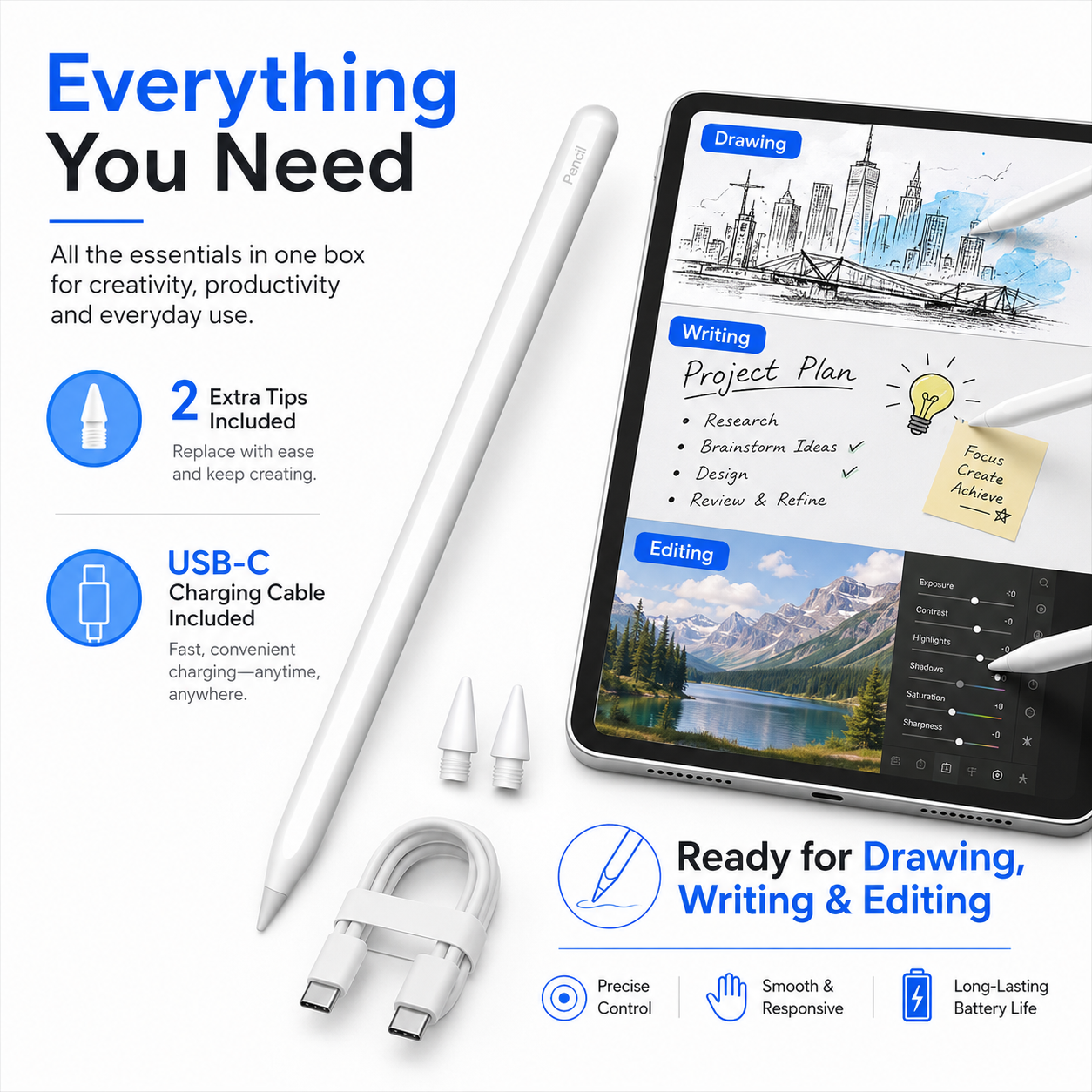 Universal Stylus Pen for iPads Tablets – Includes 2 Extra Tips + USB-C Cable