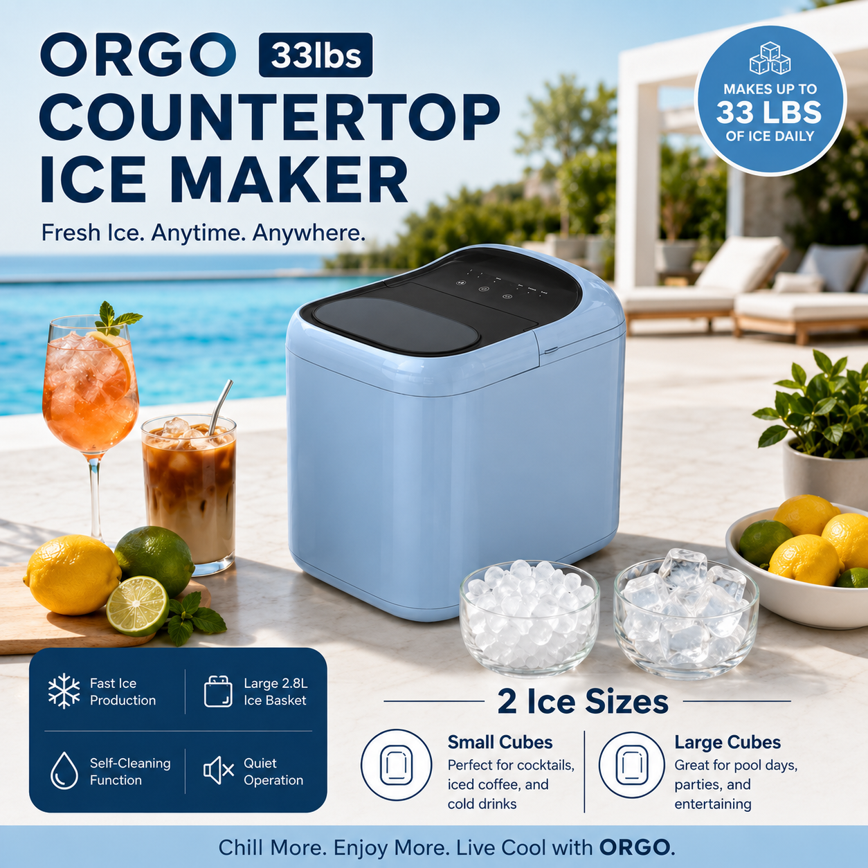 ORGO 33lbs Countertop Ice Maker – Compact Ice Machine Available in Blue & Green