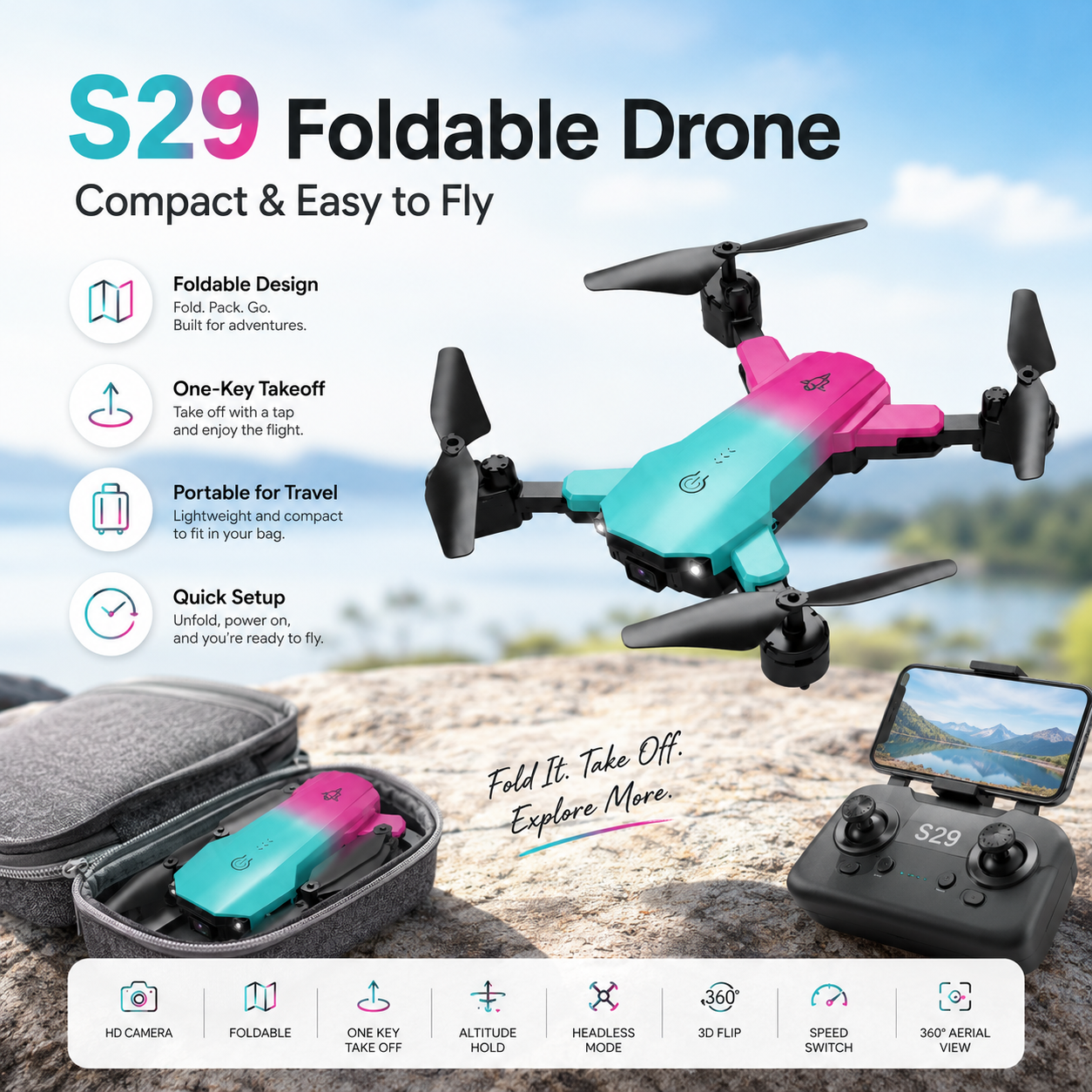 S29 Foldable Drone – Compact HD Camera Drone with One-Key Takeoff, Altitude Hold, Headless Mode &amp; 3D Flip