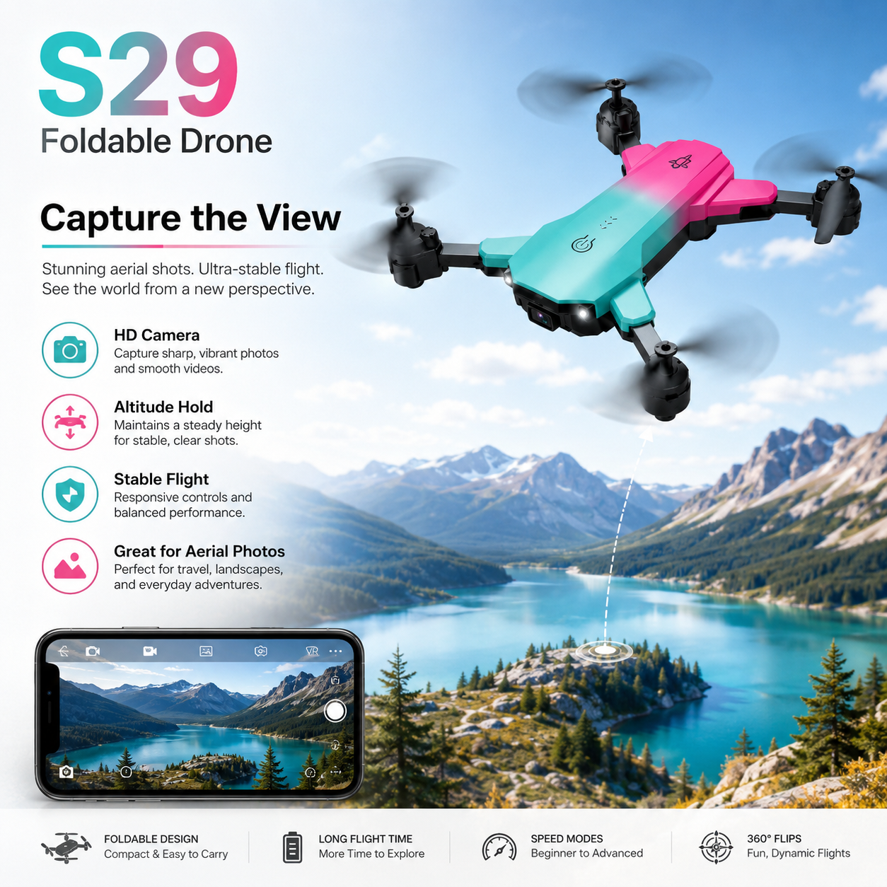 S29 Foldable Drone – Compact HD Camera Drone with One-Key Takeoff, Altitude Hold, Headless Mode &amp; 3D Flip