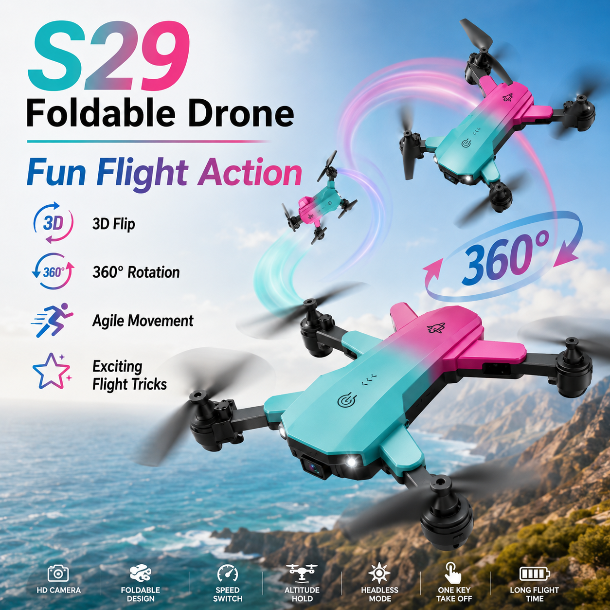 S29 Foldable Drone – Compact HD Camera Drone with One-Key Takeoff, Altitude Hold, Headless Mode &amp; 3D Flip