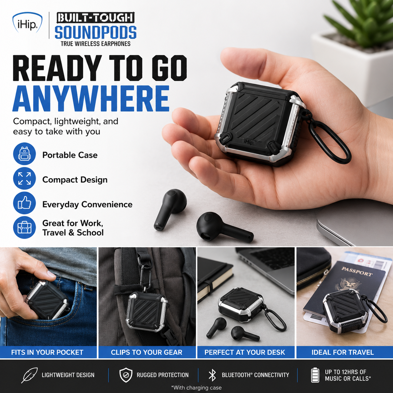 iHip Built Tough Sound Pods – Wireless Bluetooth Earbuds