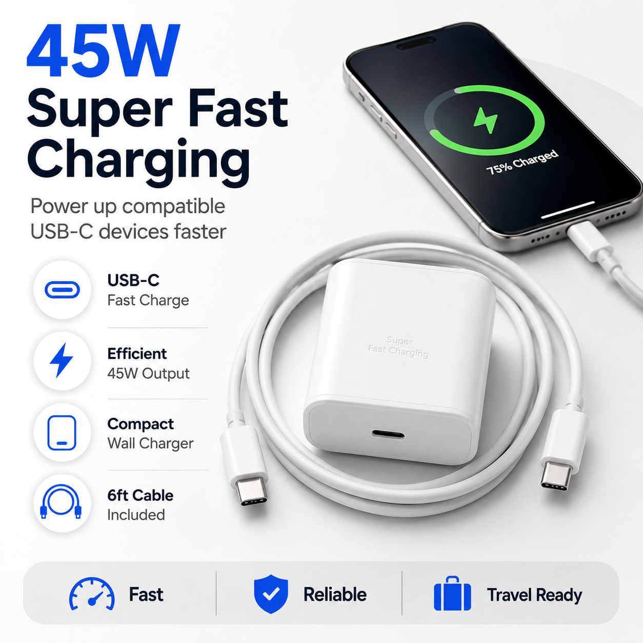 45W Super Fast Charging USB-C Wall Charger with 6ft USB-C Cable – Compact & Compatible Main image