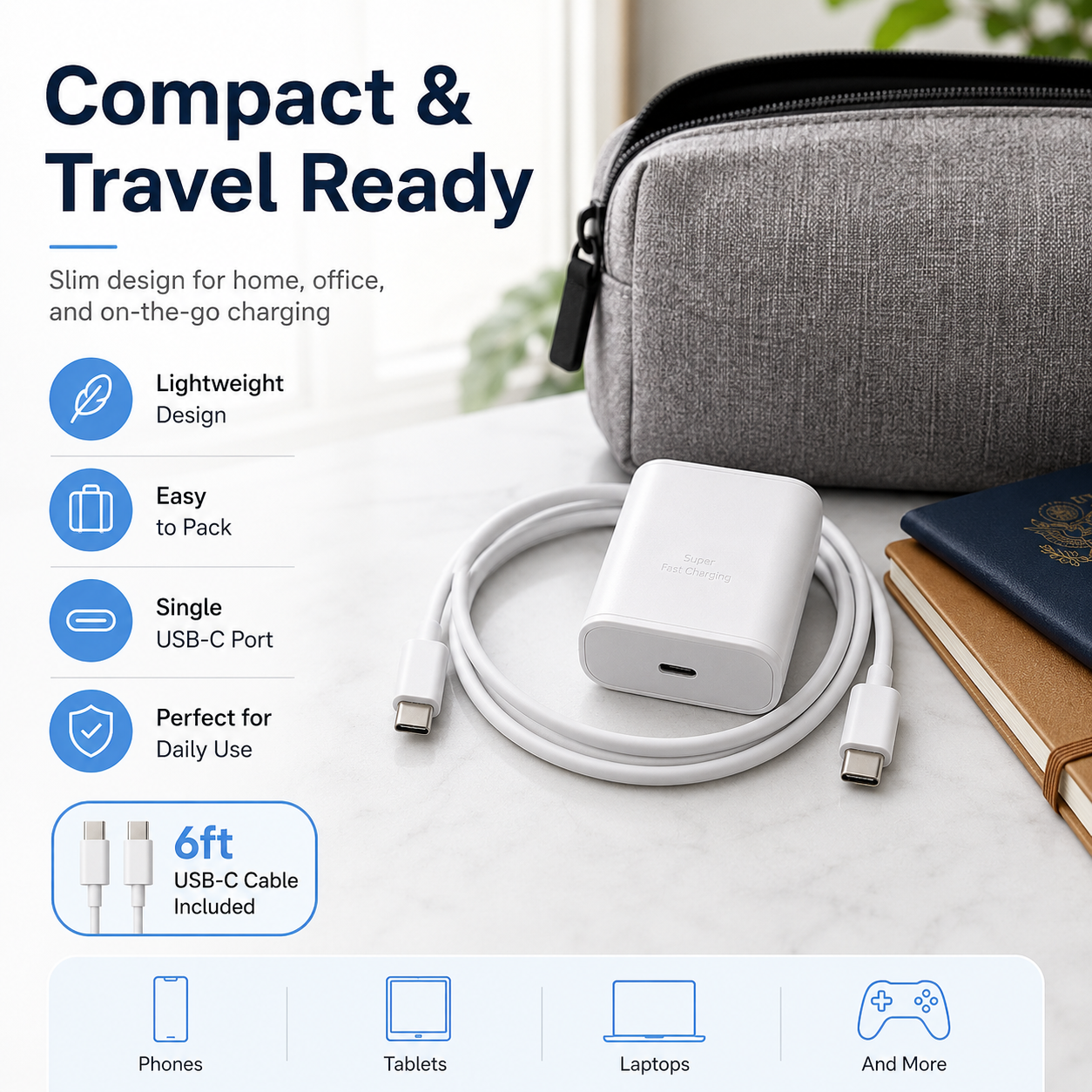 45W Super Fast Charging USB-C Wall Charger with 6ft USB-C Cable – Compact & Compatible